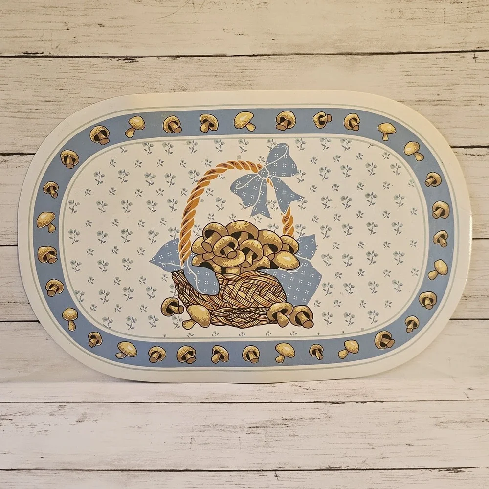 Vintage‎ Mushroom Vinyl Placemat Set of 4 Blue White Cottagecore Country Kitchen
